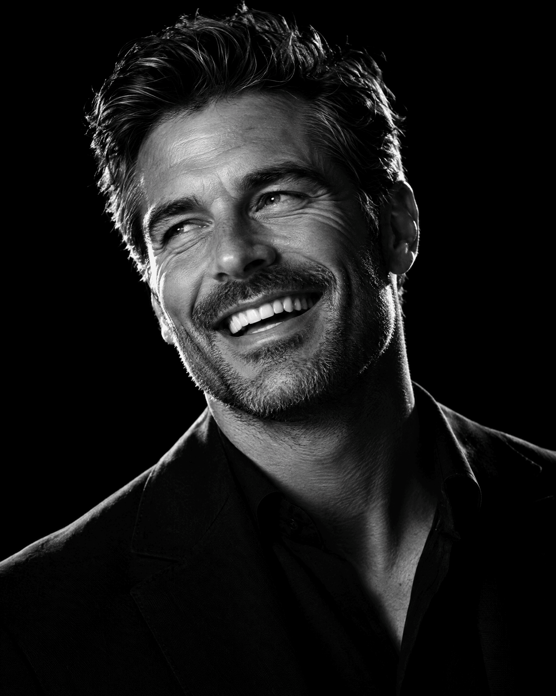 Black-and-white portrait of a man laughing with a broad natural smile
