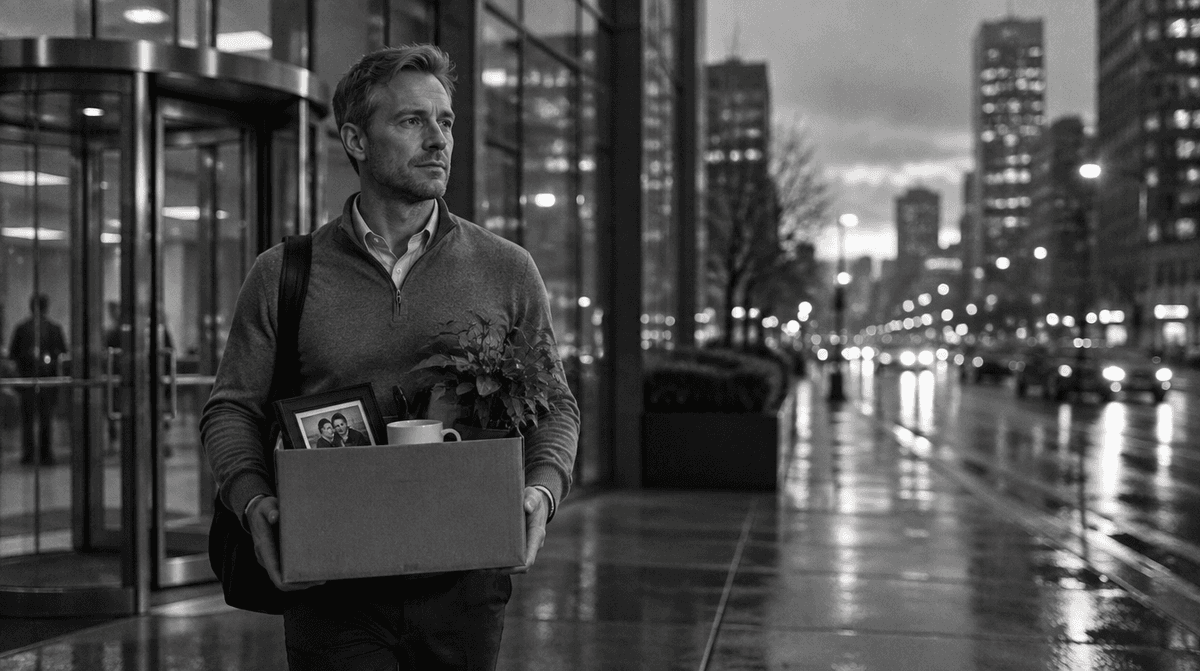 A man walking out of an office tower carrying a box of his belongings